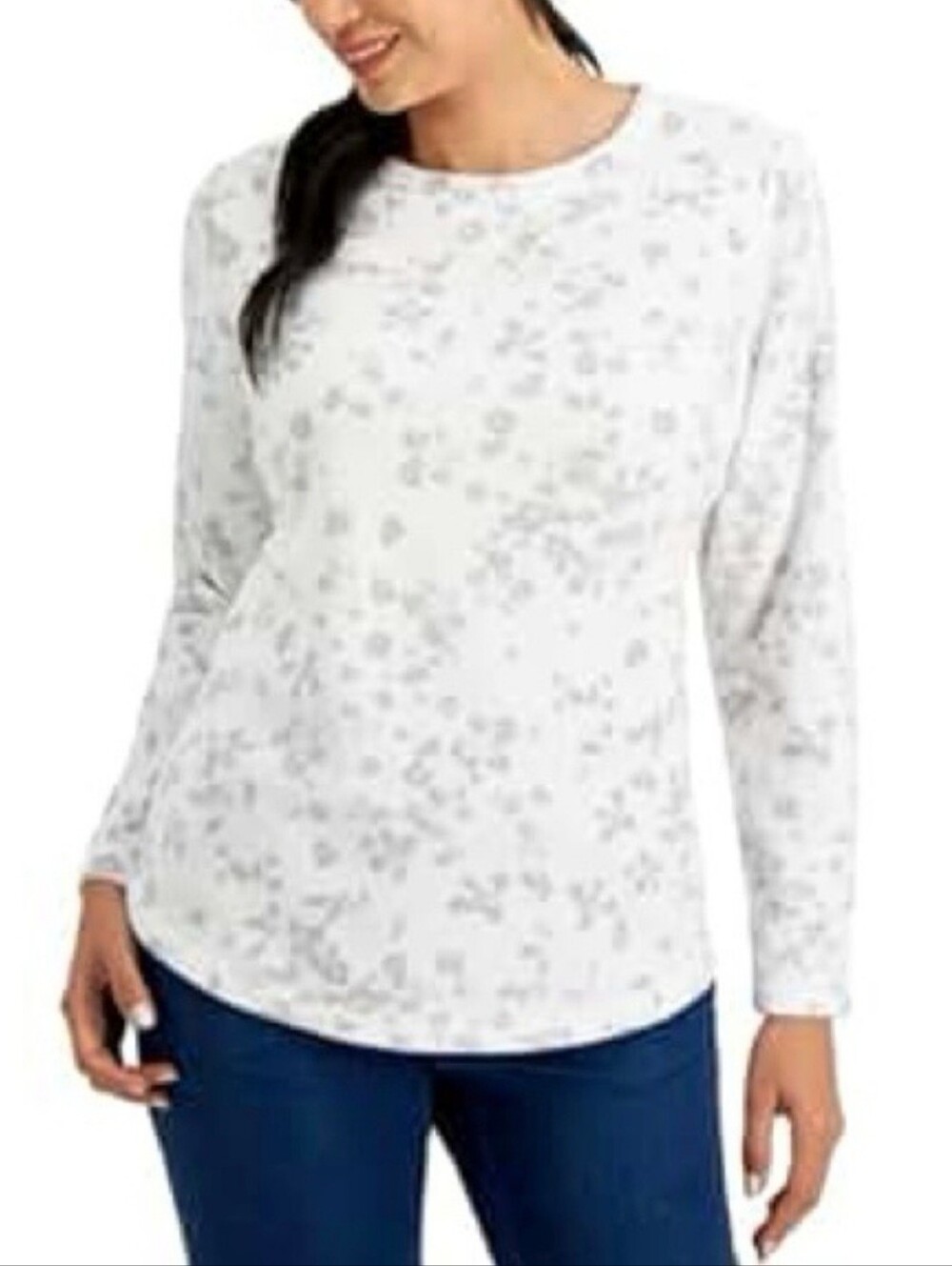 KAREN SCOTT floral SPORT fleece TOP brand new LONG SLEEVES soft WINTER WHITE
